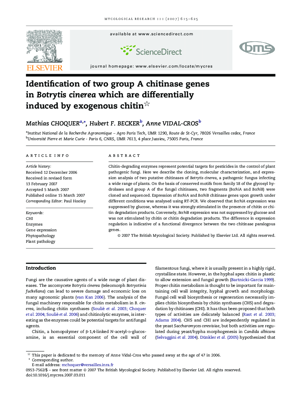 Identification of two group A chitinase genes in Botrytis cinerea which are differentially induced by exogenous chitin 