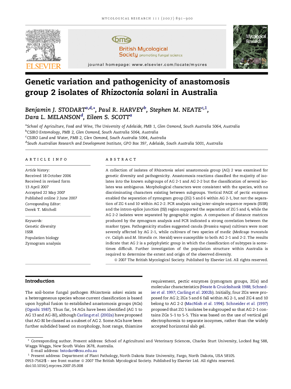 عکس صفحه اول مقاله: Genetic variation and pathogenicity of anastomosis group 2 isolates of Rhizoctonia solani in Australia Genetic variation and pathogenicity of anastomosis group 2 isolates of Rhizoctonia solani in Australia