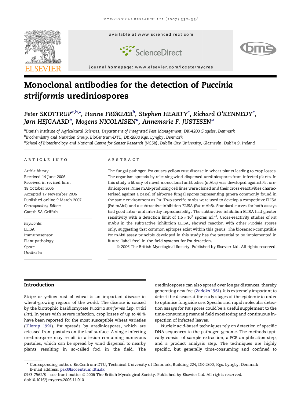 عکس صفحه اول مقاله: Monoclonal antibodies for the detection of Puccinia striiformis urediniospores Monoclonal antibodies for the detection of Puccinia striiformis urediniospores