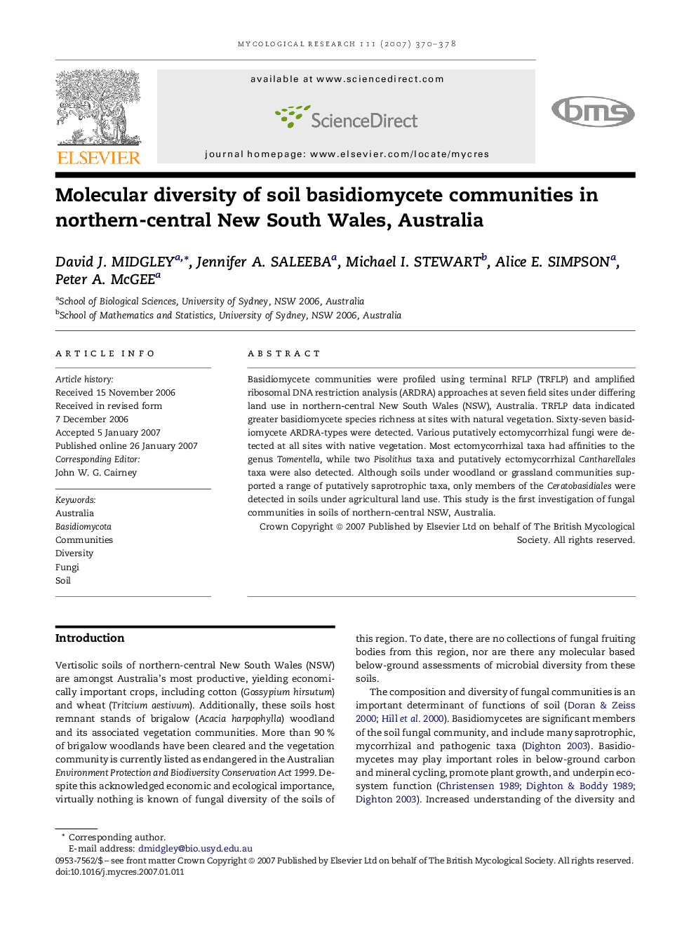 Molecular diversity of soil basidiomycete communities in northern-central New South Wales, Australia