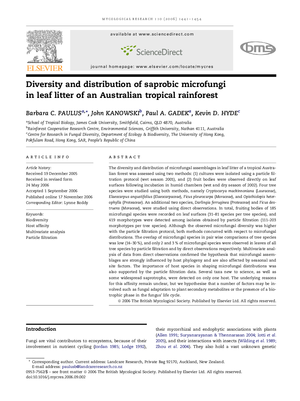 Diversity and distribution of saprobic microfungi in leaf litter of an Australian tropical rainforest