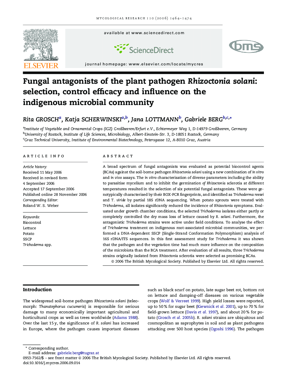 Fungal antagonists of the plant pathogen Rhizoctonia solani: selection, control efficacy and influence on the indigenous microbial community