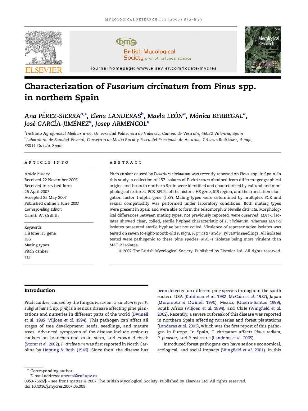 Characterization of Fusarium circinatum from Pinus spp. in northern Spain