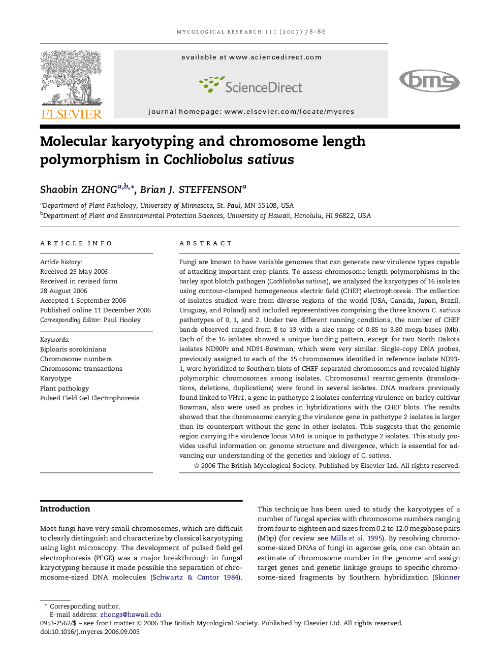 Molecular karyotyping and chromosome length polymorphism in Cochliobolus sativus