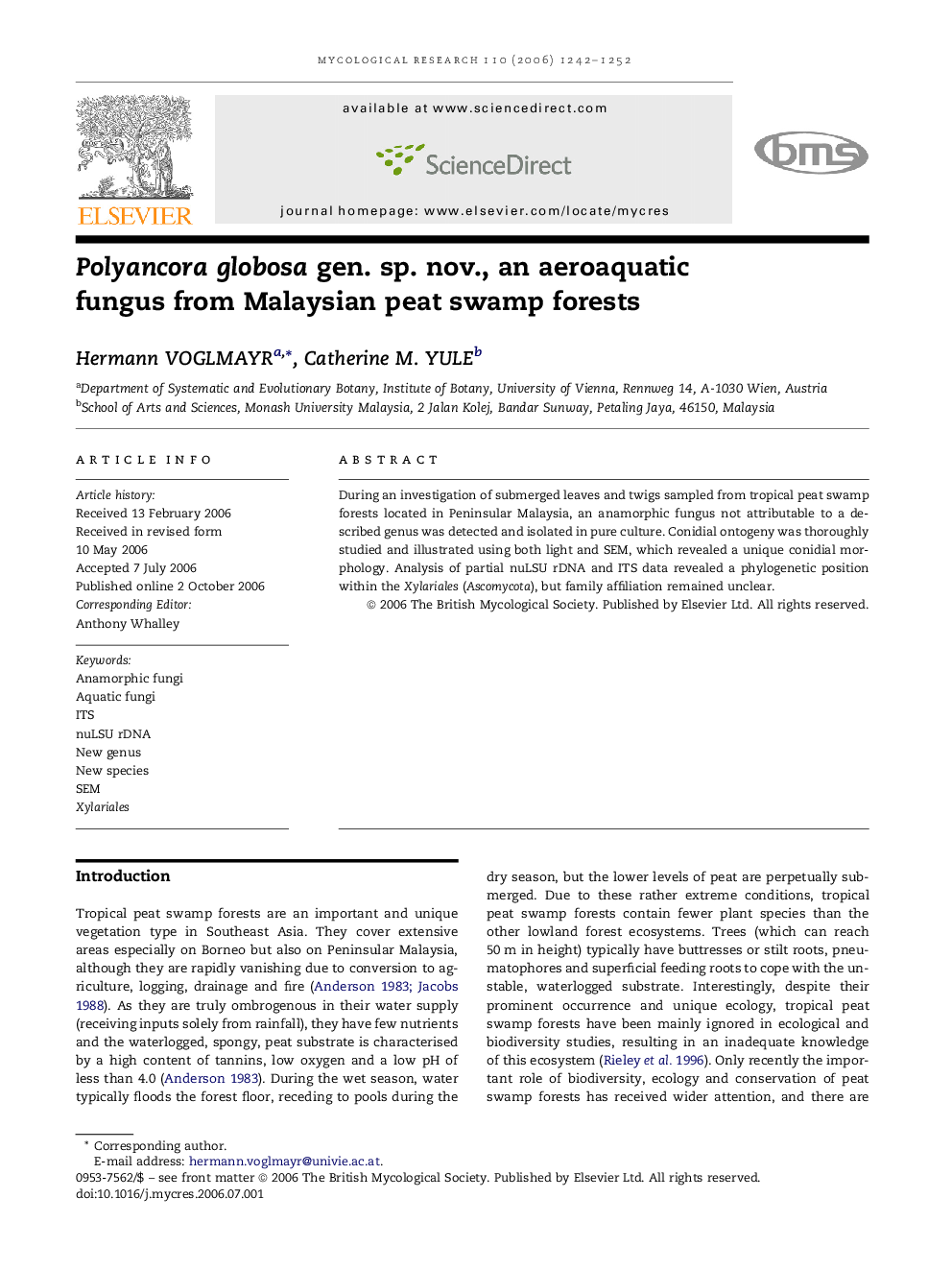 Polyancora globosa gen. sp. nov., an aeroaquatic fungus from Malaysian peat swamp forests