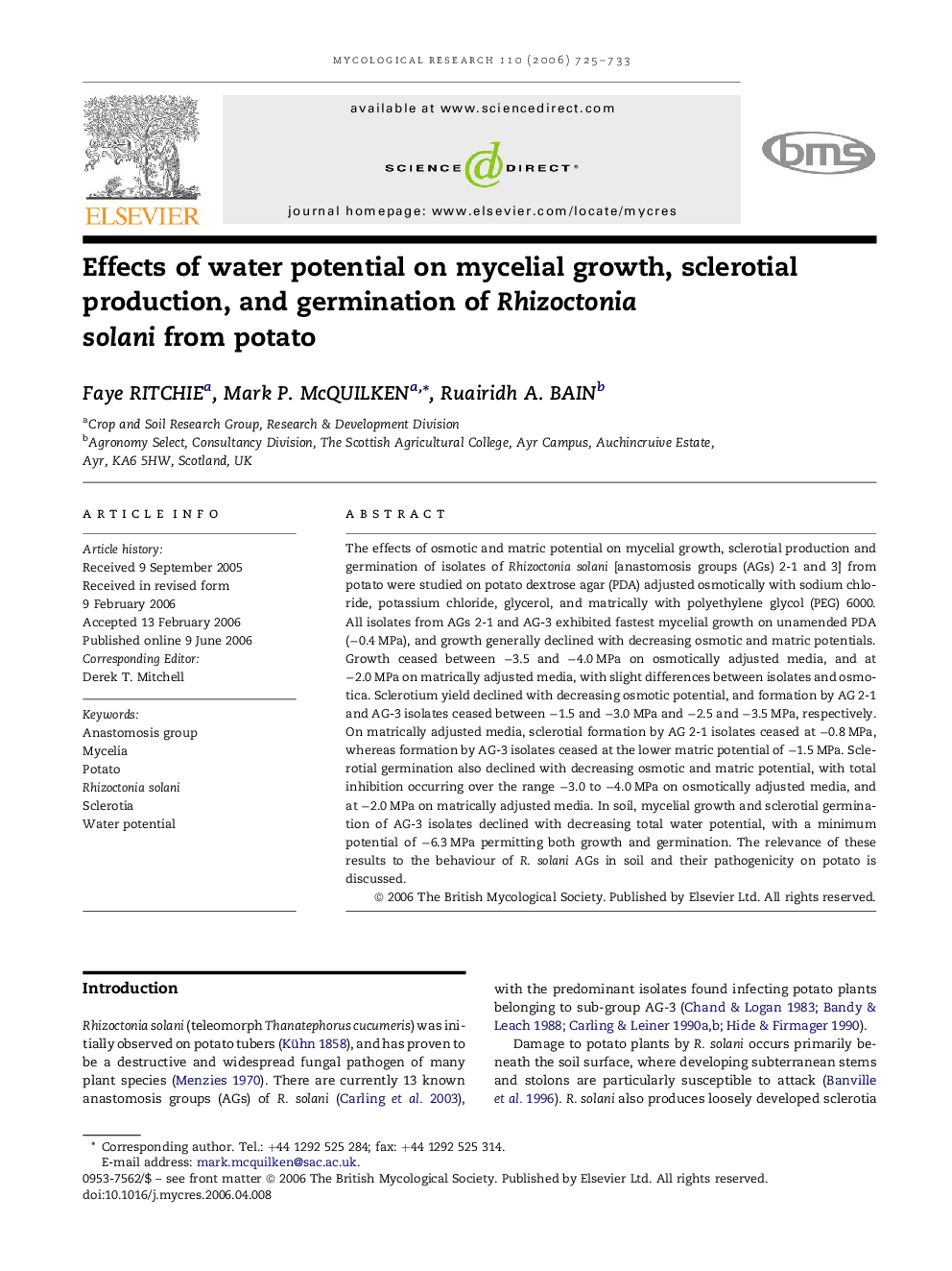 Effects of water potential on mycelial growth, sclerotial production, and germination of Rhizoctonia solani from potato