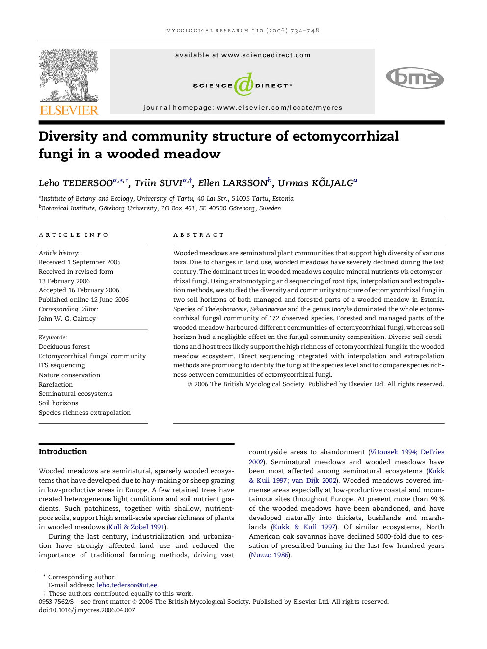 Diversity and community structure of ectomycorrhizal fungi in a wooded meadow