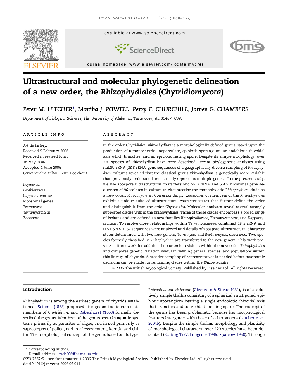 Ultrastructural and molecular phylogenetic delineation of a new order, the Rhizophydiales (Chytridiomycota)