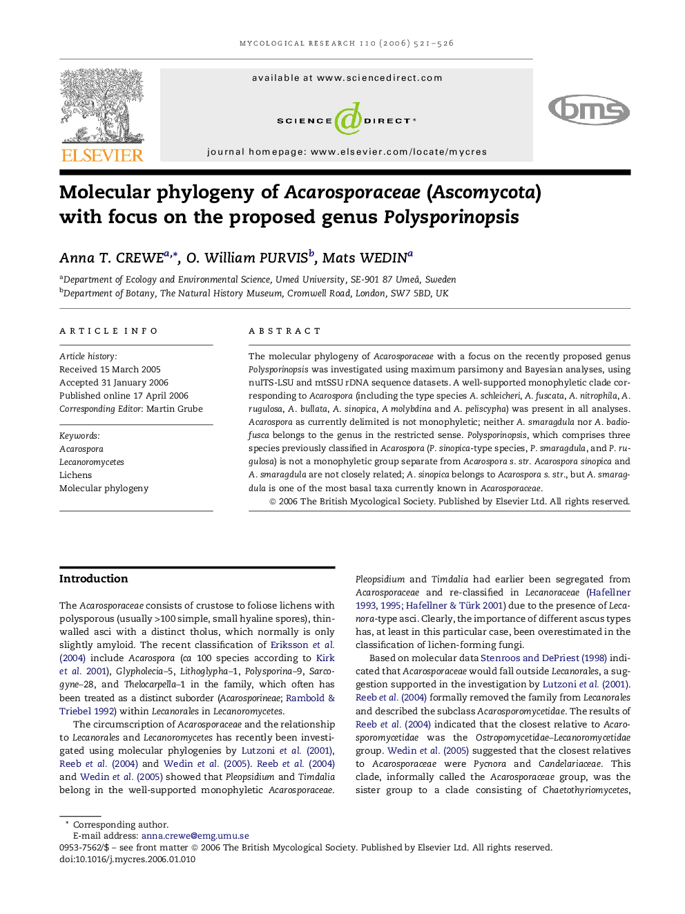 Molecular phylogeny of Acarosporaceae (Ascomycota) with focus on the proposed genus Polysporinopsis