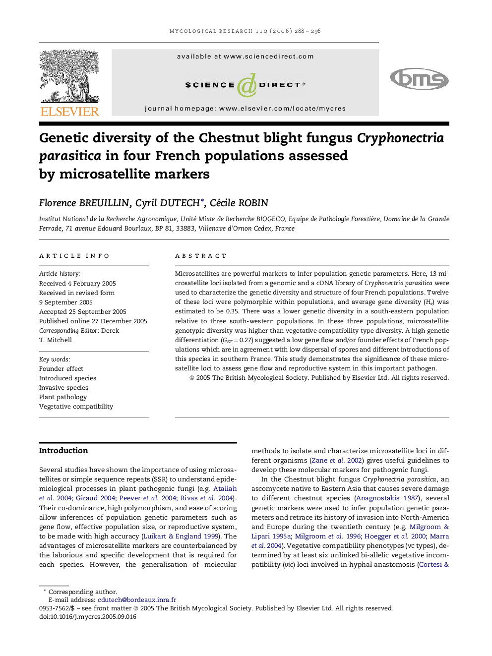 Genetic diversity of the Chestnut blight fungus Cryphonectria parasitica in four French populations assessed by microsatellite markers