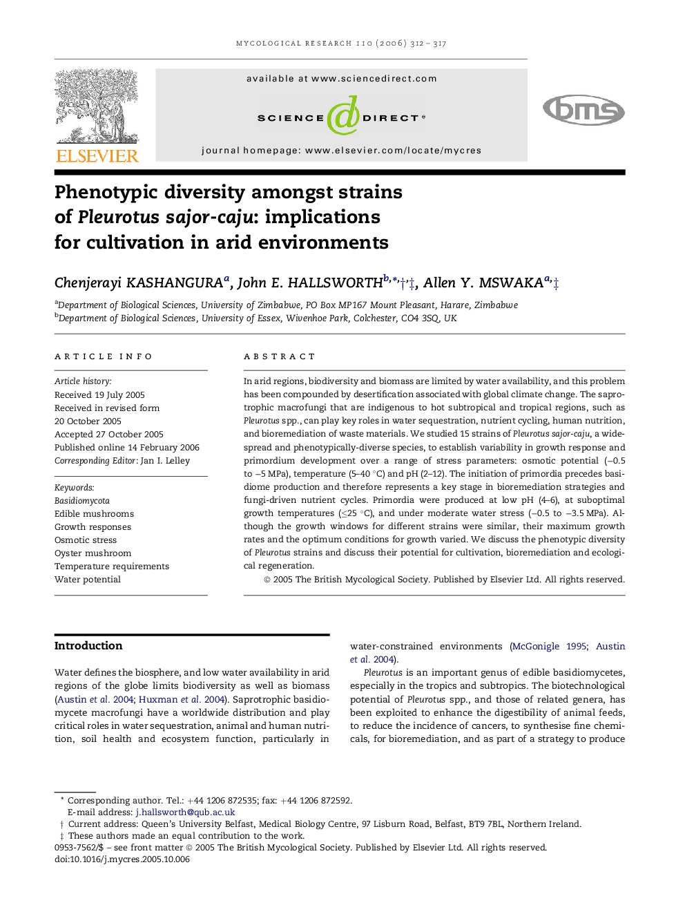 Phenotypic diversity amongst strains of Pleurotus sajor-caju: implications for cultivation in arid environments