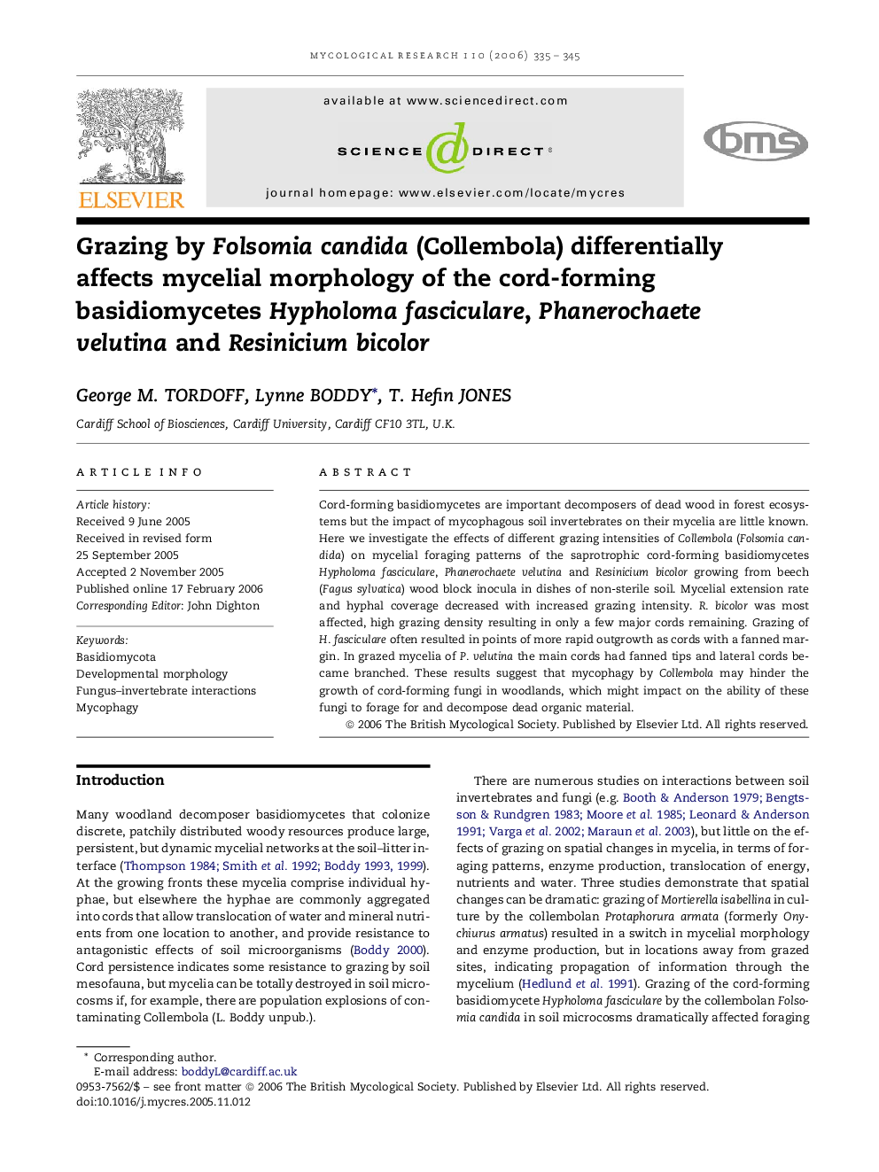 Grazing by Folsomia candida (Collembola) differentially affects mycelial morphology of the cord-forming basidiomycetes Hypholoma fasciculare, Phanerochaete velutina and Resinicium bicolor