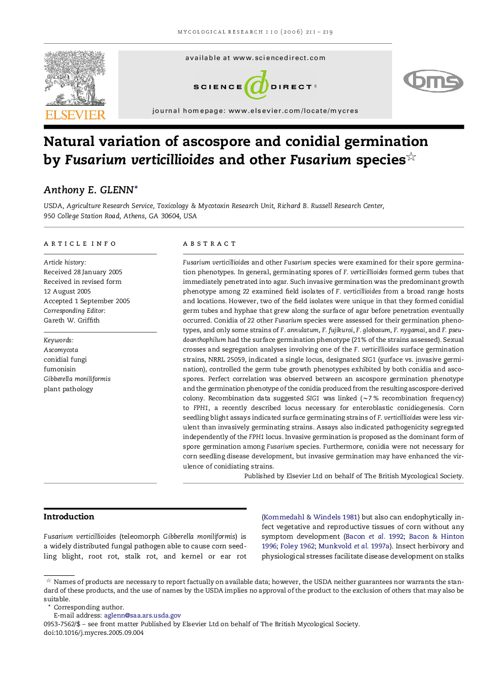 Natural variation of ascospore and conidial germination by Fusarium verticillioides and other Fusarium species 