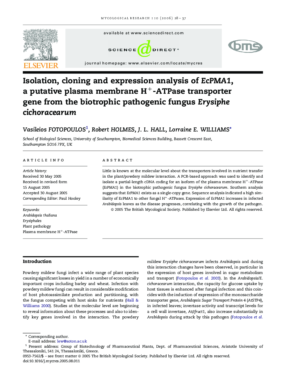 Isolation, cloning and expression analysis of EcPMA1, a putative plasma membrane H+-ATPase transporter gene from the biotrophic pathogenic fungus Erysiphe cichoracearum