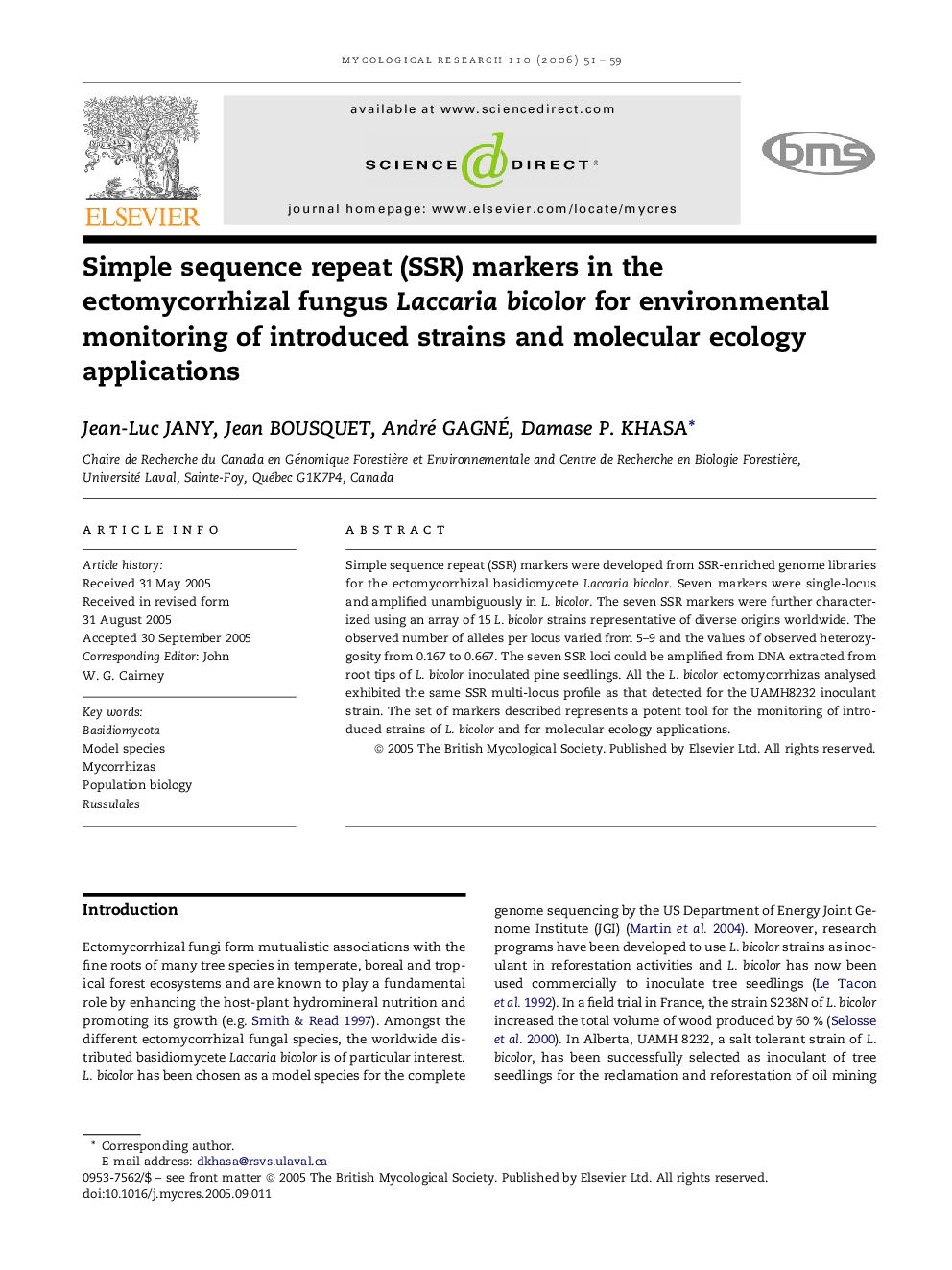 Simple sequence repeat (SSR) markers in the ectomycorrhizal fungus Laccaria bicolor for environmental monitoring of introduced strains and molecular ecology applications