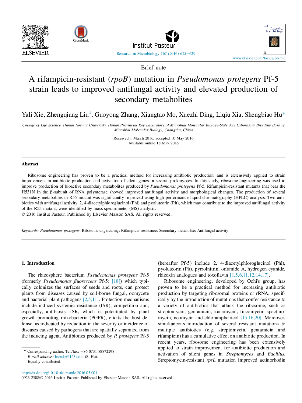 A rifampicin-resistant (rpoB) mutation in Pseudomonas protegens Pf-5 strain leads to improved antifungal activity and elevated production of secondary metabolites