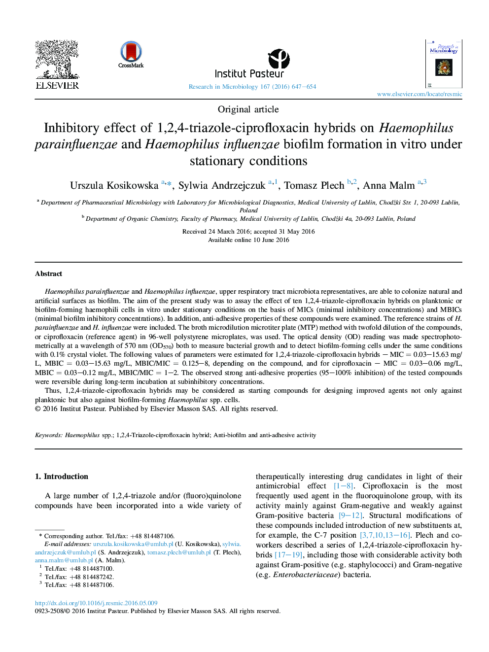 Inhibitory effect of 1,2,4-triazole-ciprofloxacin hybrids on Haemophilus parainfluenzae and Haemophilus influenzae biofilm formation in vitro under stationary conditions