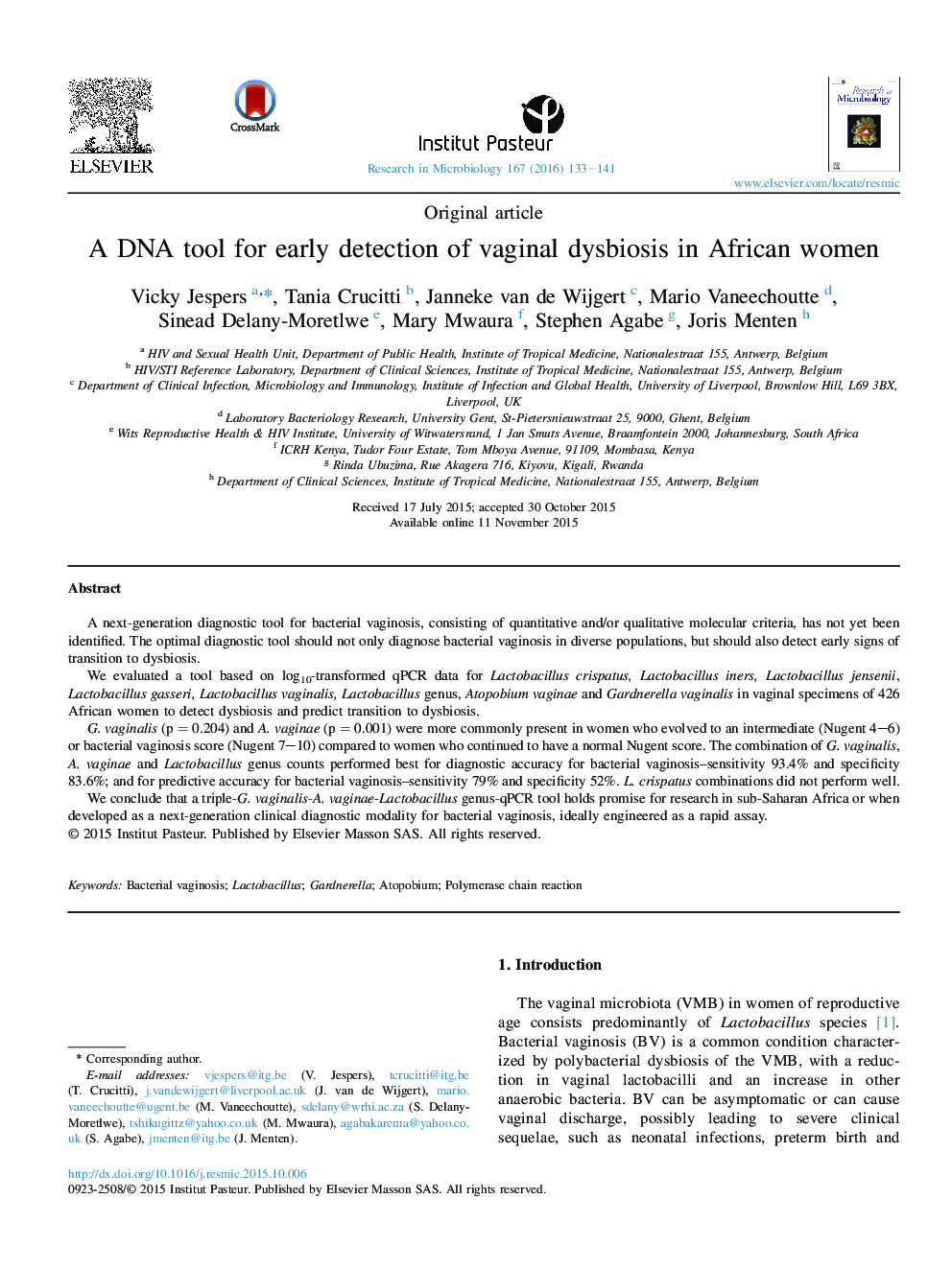 A DNA tool for early detection of vaginal dysbiosis in African women