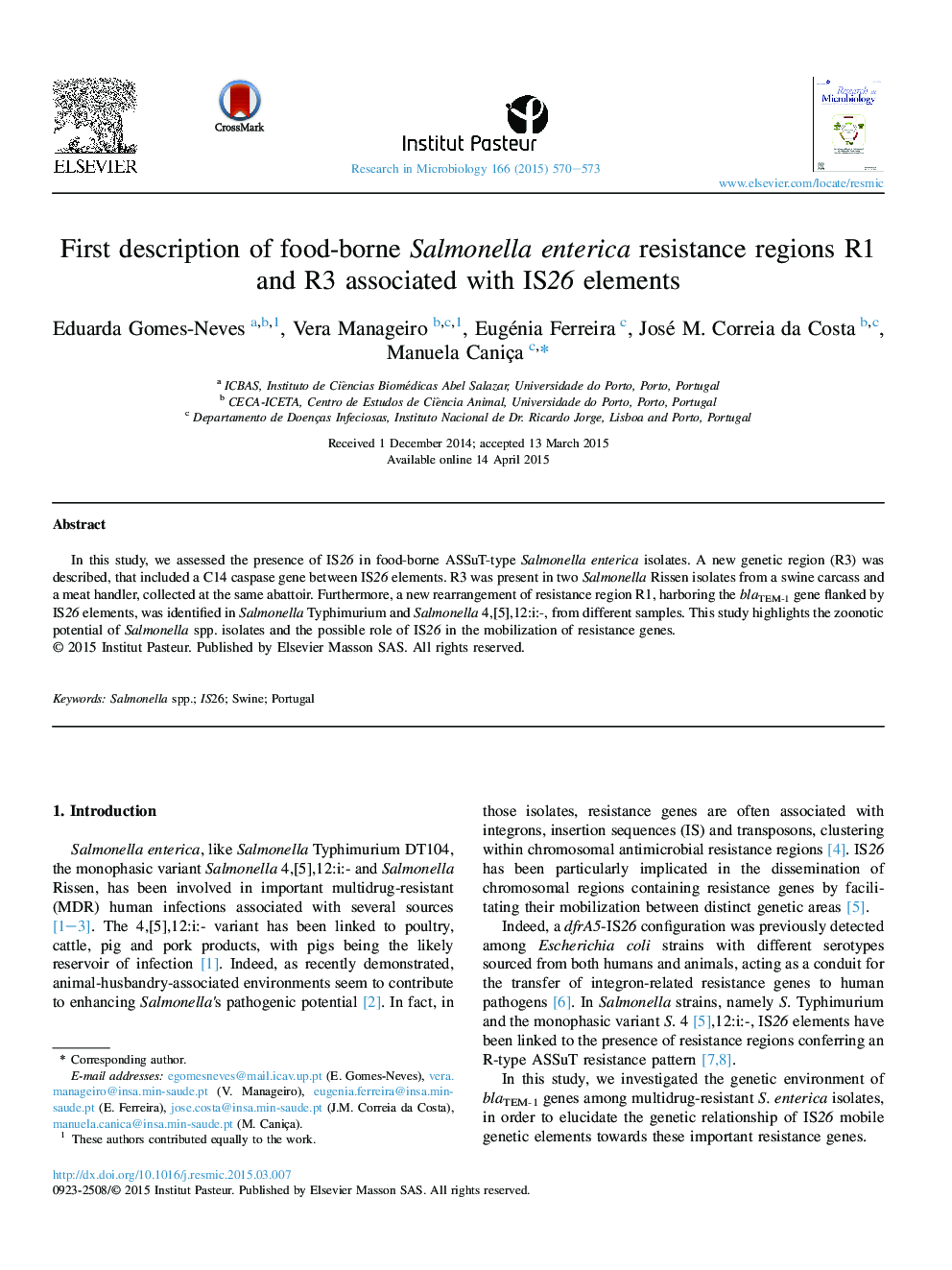 First description of food-borne Salmonella enterica resistance regions R1 and R3 associated with IS26 elements