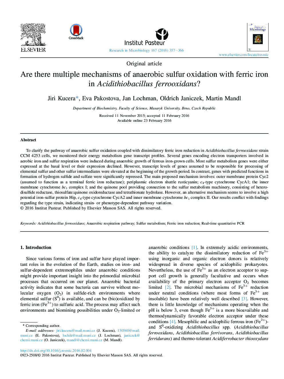 Are there multiple mechanisms of anaerobic sulfur oxidation with ferric iron in Acidithiobacillus ferrooxidans?