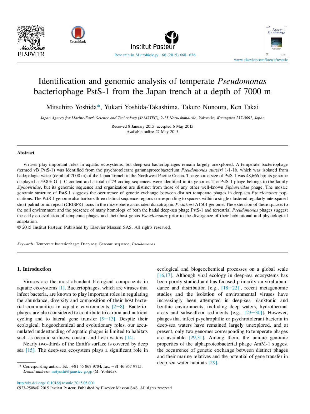 Identification and genomic analysis of temperate Pseudomonas bacteriophage PstS-1 from the Japan trench at a depth of 7000 m