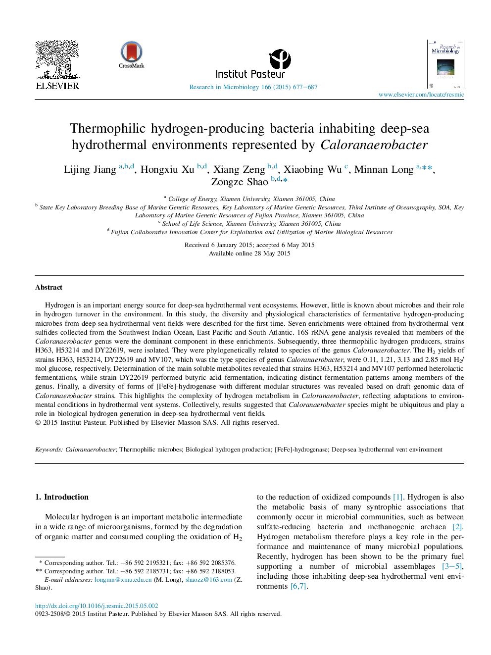 Thermophilic hydrogen-producing bacteria inhabiting deep-sea hydrothermal environments represented by Caloranaerobacter