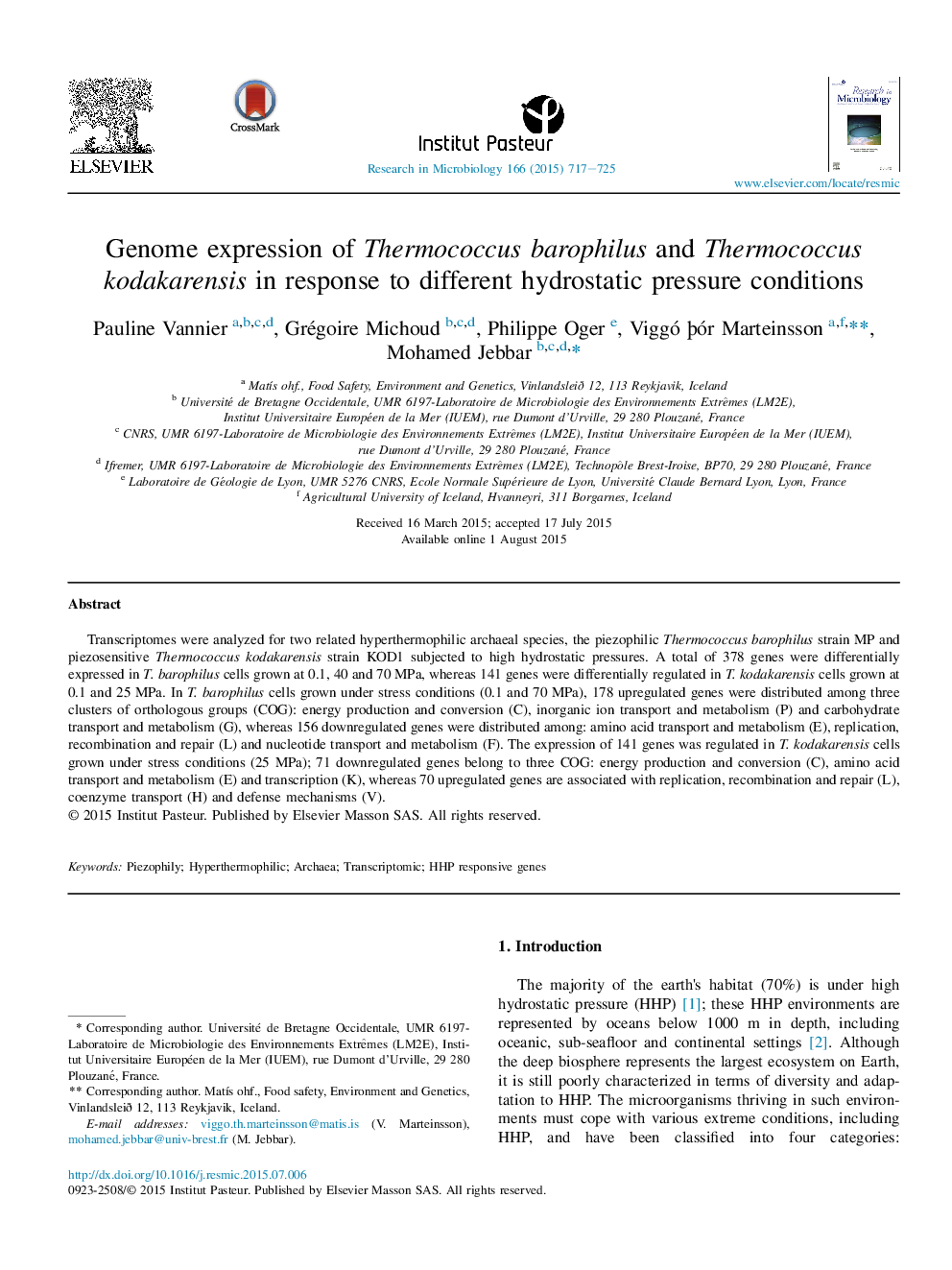 Genome expression of Thermococcus barophilus and Thermococcus kodakarensis in response to different hydrostatic pressure conditions