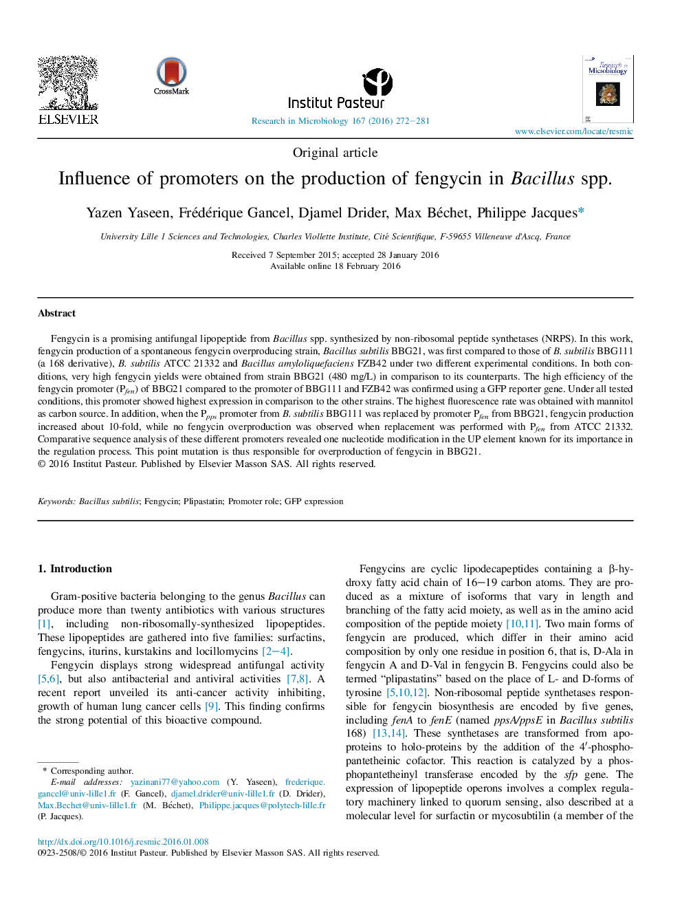 Influence of promoters on the production of fengycin in Bacillus spp.