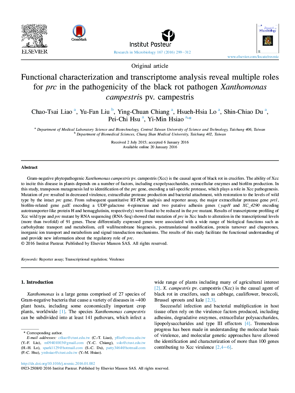 Functional characterization and transcriptome analysis reveal multiple roles for prc in the pathogenicity of the black rot pathogen Xanthomonas campestris pv. campestris