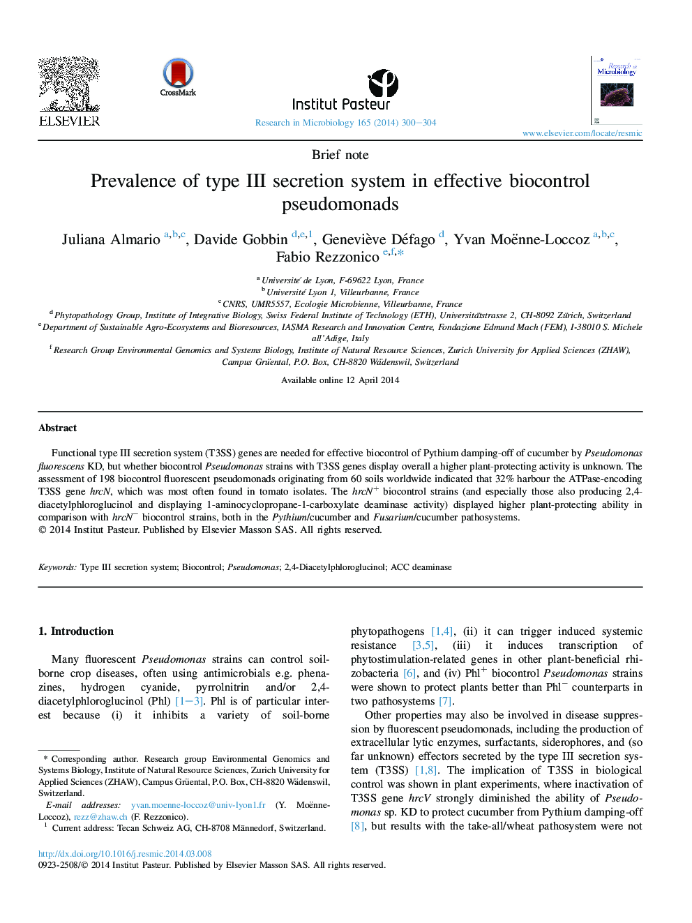 Prevalence of type III secretion system in effective biocontrol pseudomonads