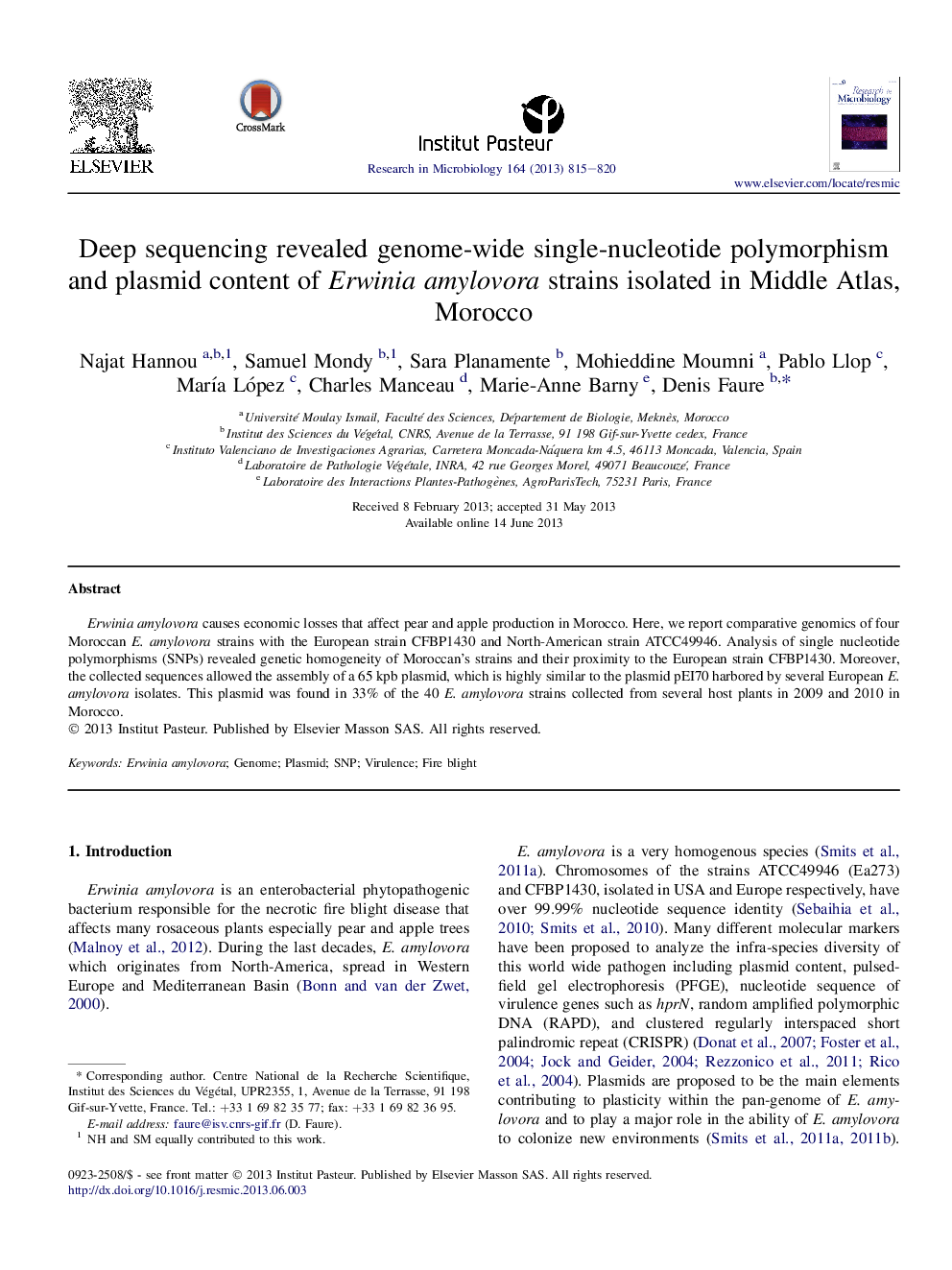 Deep sequencing revealed genome-wide single-nucleotide polymorphism and plasmid content of Erwinia amylovora strains isolated in Middle Atlas, Morocco