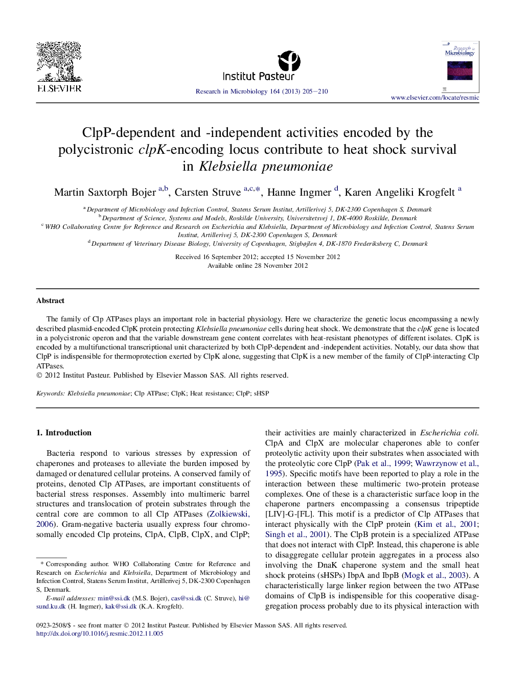 ClpP-dependent and -independent activities encoded by the polycistronic clpK-encoding locus contribute to heat shock survival in Klebsiella pneumoniae