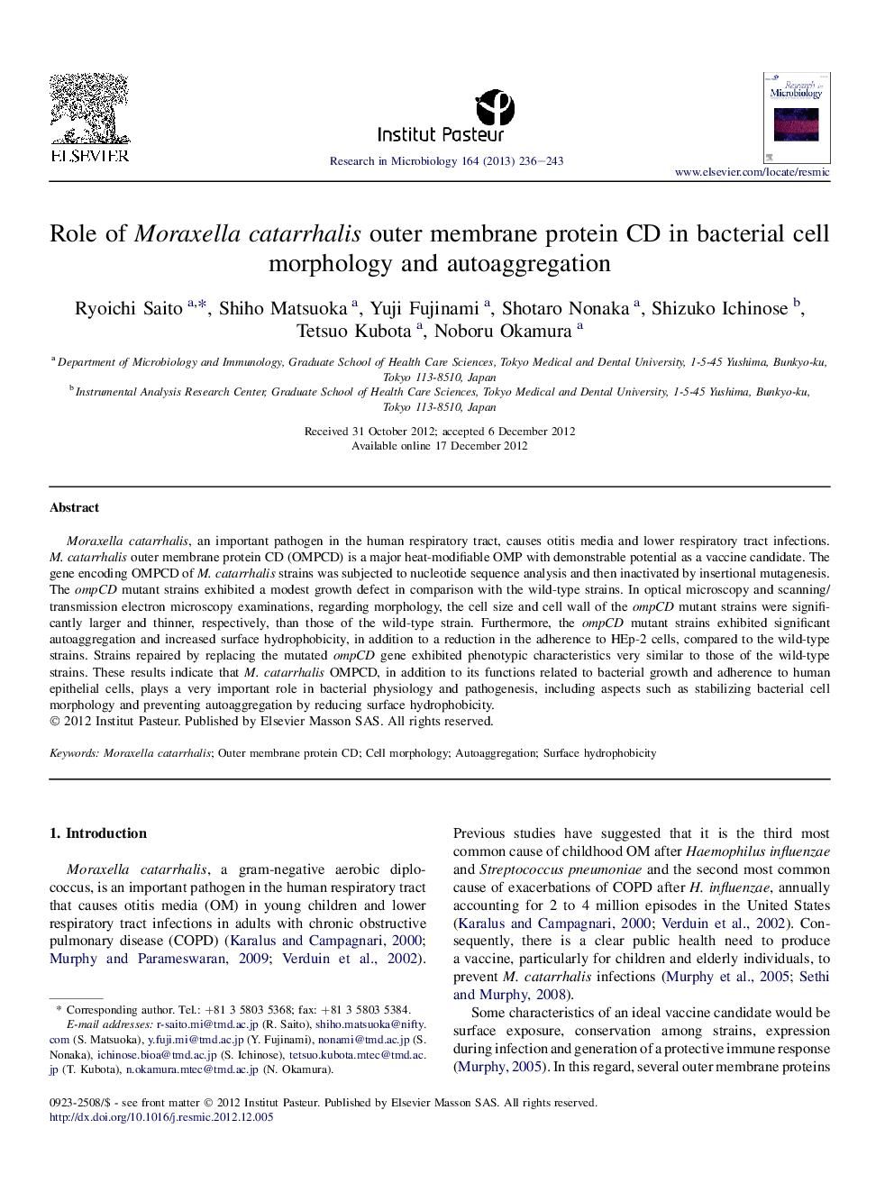 Role of Moraxella catarrhalis outer membrane protein CD in bacterial cell morphology and autoaggregation