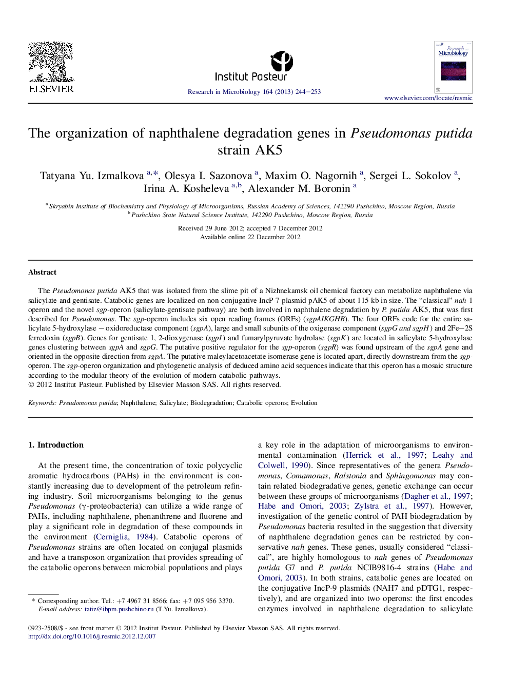 The organization of naphthalene degradation genes in Pseudomonas putida strain AK5