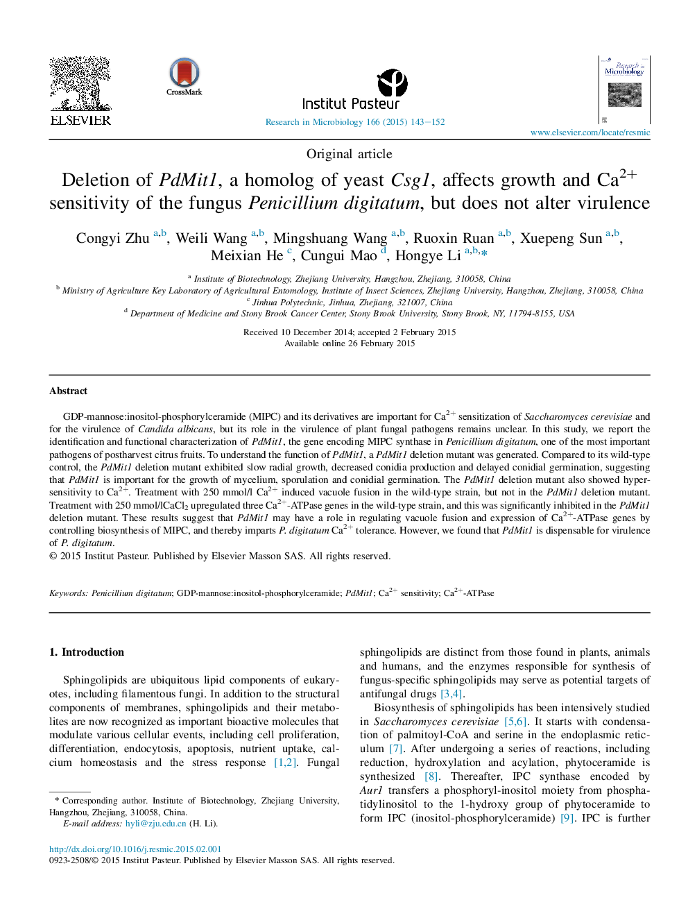 Deletion of PdMit1, a homolog of yeast Csg1, affects growth and Ca2+ sensitivity of the fungus Penicillium digitatum, but does not alter virulence