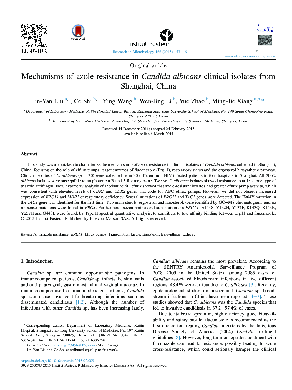 Mechanisms of azole resistance in Candida albicans clinical isolates from Shanghai, China