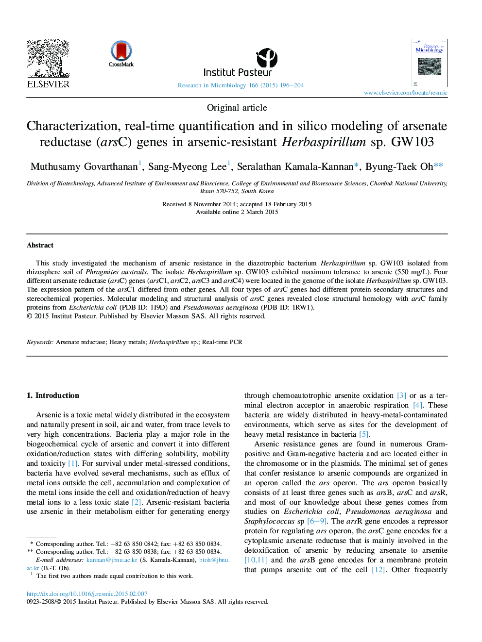 Characterization, real-time quantification and in silico modeling of arsenate reductase (arsC) genes in arsenic-resistant Herbaspirillum sp. GW103