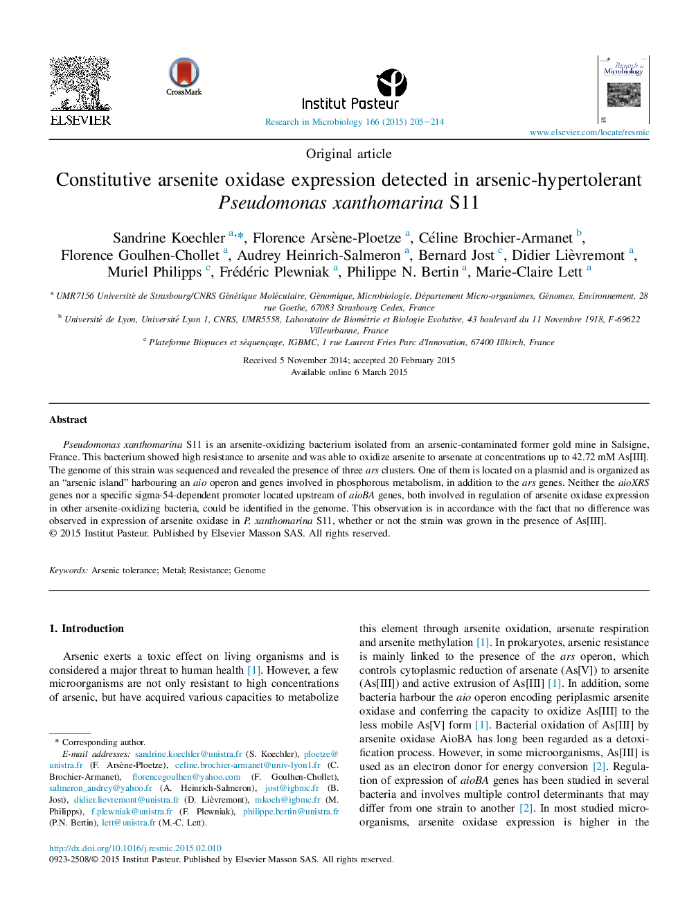 Constitutive arsenite oxidase expression detected in arsenic-hypertolerant Pseudomonas xanthomarina S11