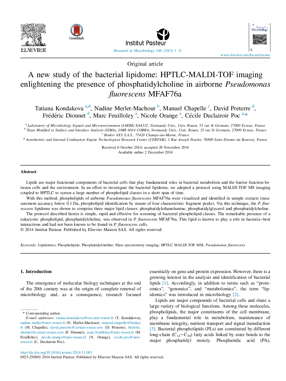 A new study of the bacterial lipidome: HPTLC-MALDI-TOF imaging enlightening the presence of phosphatidylcholine in airborne Pseudomonas fluorescens MFAF76a