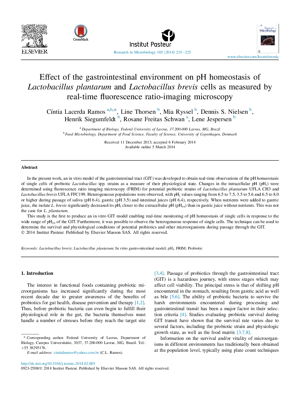 Effect of the gastrointestinal environment on pH homeostasis of Lactobacillus plantarum and Lactobacillus brevis cells as measured by real-time fluorescence ratio-imaging microscopy