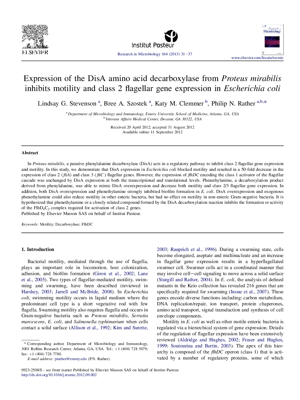 Expression of the DisA amino acid decarboxylase from Proteus mirabilis inhibits motility and class 2 flagellar gene expression in Escherichia coli