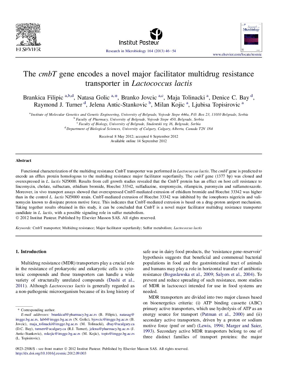 The cmbT gene encodes a novel major facilitator multidrug resistance transporter in Lactococcus lactis