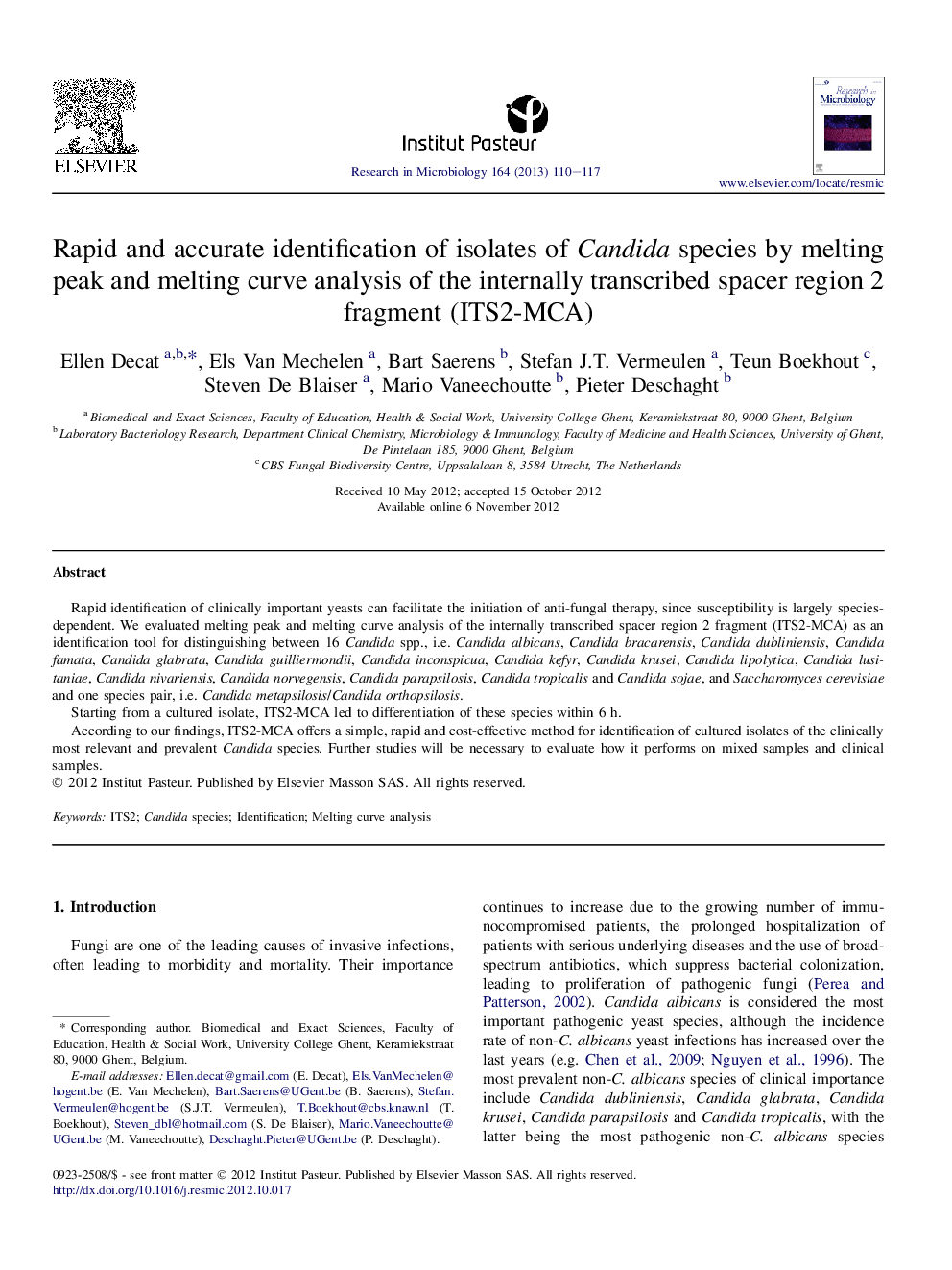 Rapid and accurate identification of isolates of Candida species by melting peak and melting curve analysis of the internally transcribed spacer region 2 fragment (ITS2-MCA)