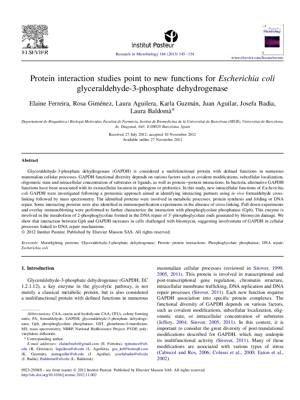 Protein interaction studies point to new functions for Escherichia coli glyceraldehyde-3-phosphate dehydrogenase