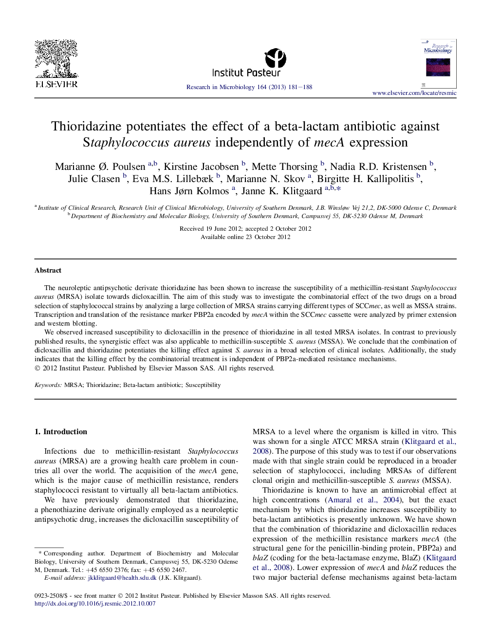 Thioridazine potentiates the effect of a beta-lactam antibiotic against Staphylococcus aureus independently of mecA expression