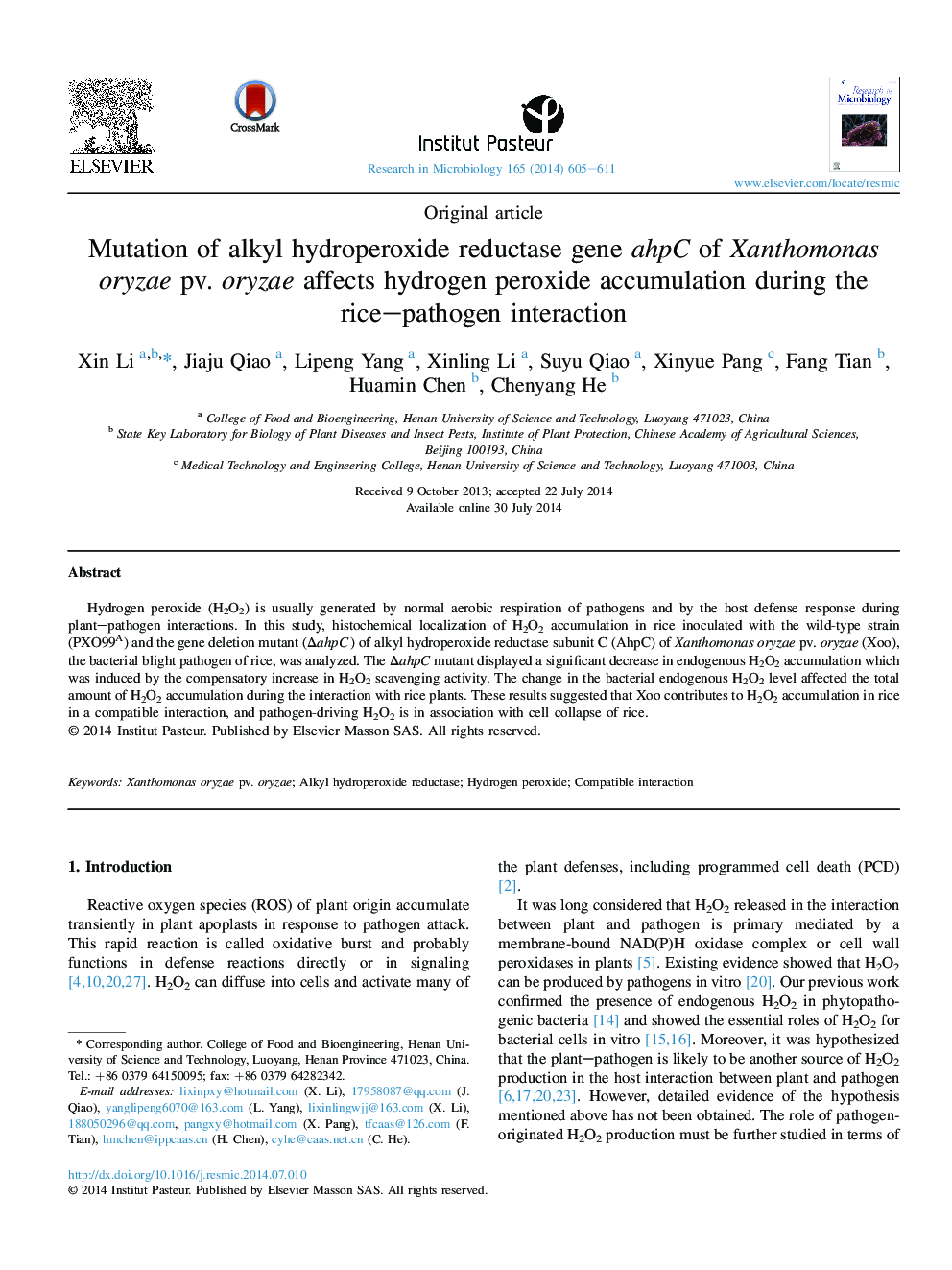 Mutation of alkyl hydroperoxide reductase gene ahpC of Xanthomonas oryzae pv. oryzae affects hydrogen peroxide accumulation during the rice–pathogen interaction