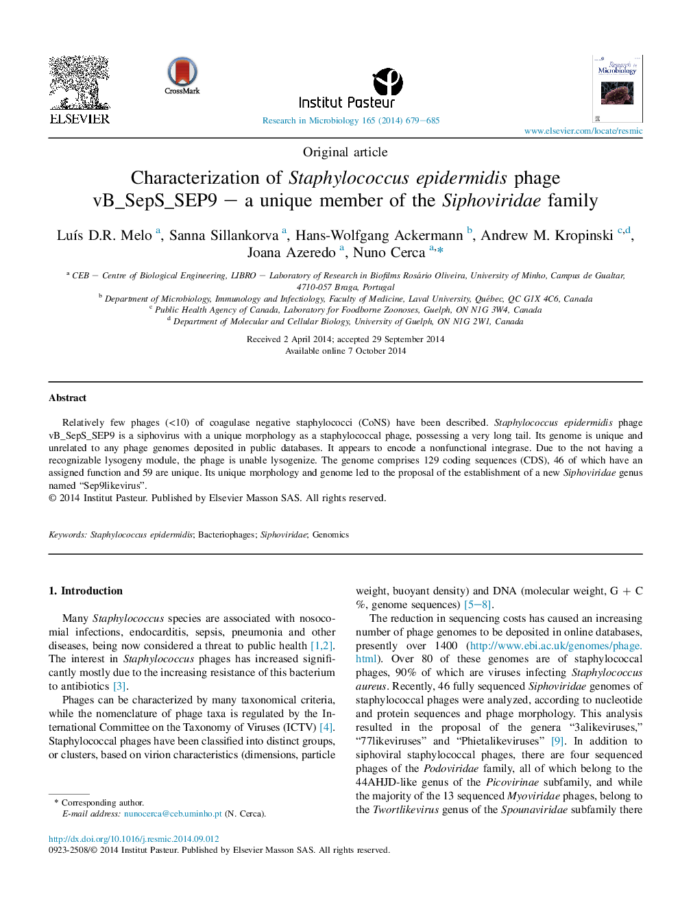 Characterization of Staphylococcus epidermidis phage vB_SepS_SEP9 – a unique member of the Siphoviridae family