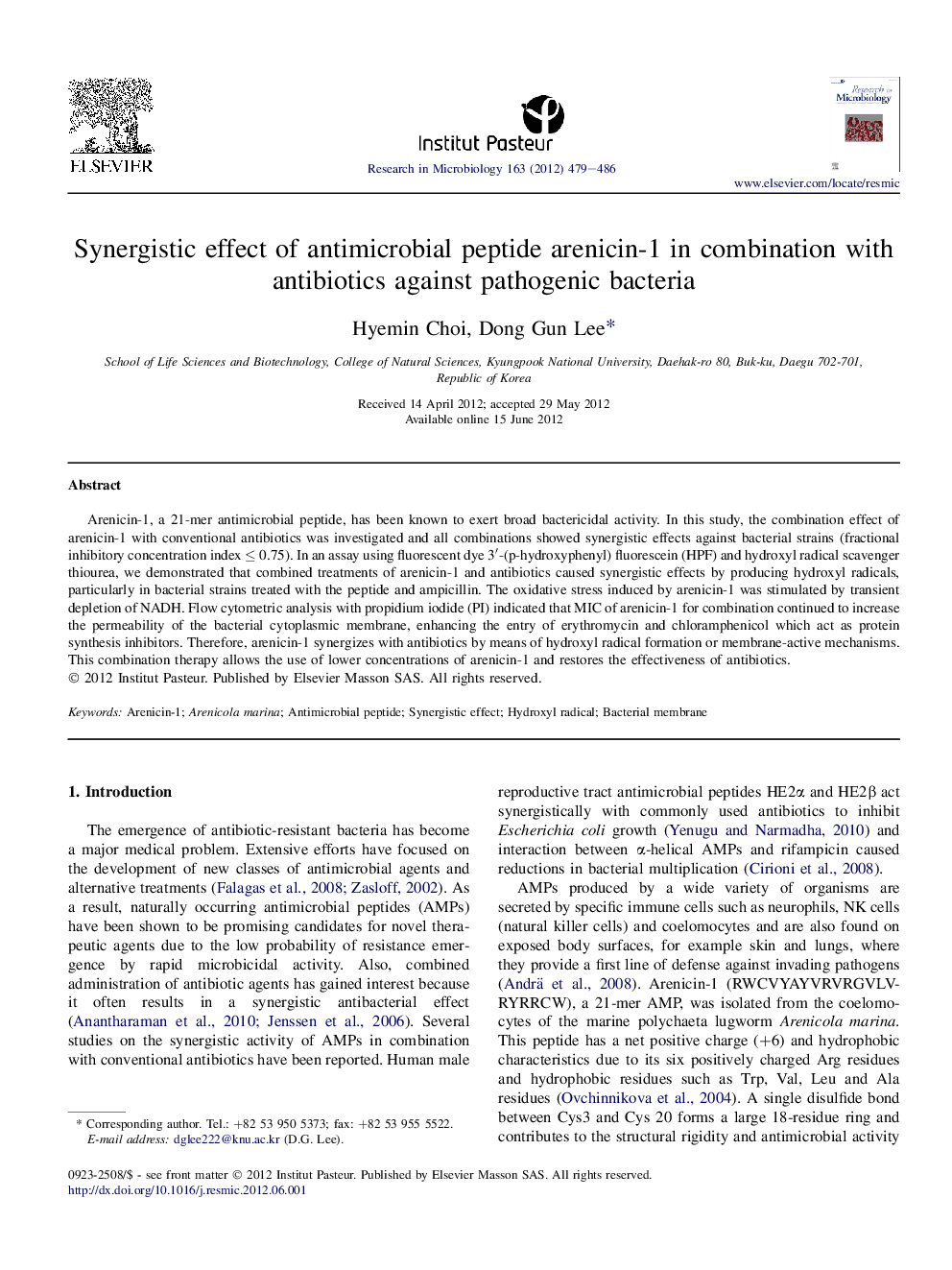 Synergistic effect of antimicrobial peptide arenicin-1 in combination with antibiotics against pathogenic bacteria