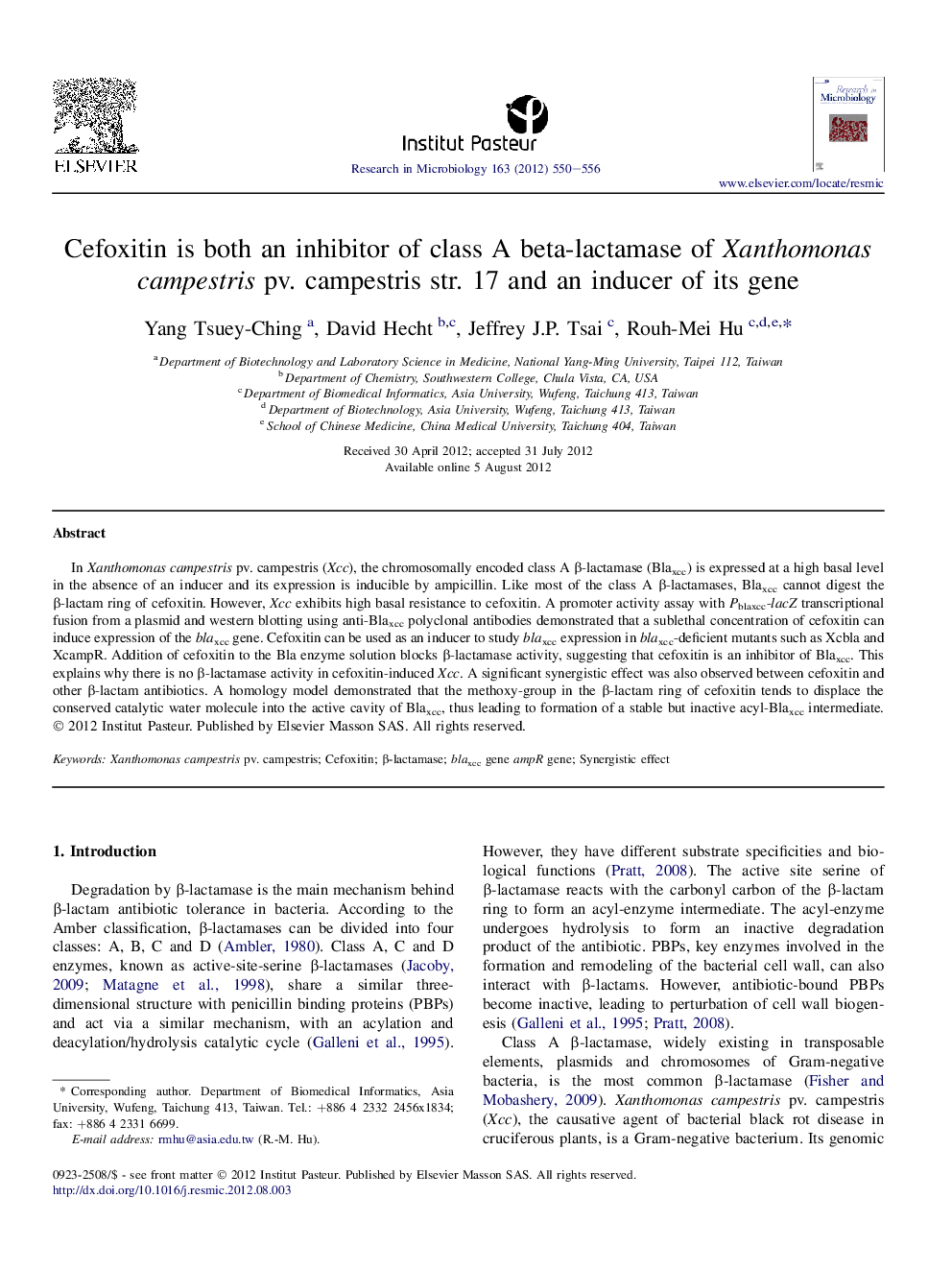 Cefoxitin is both an inhibitor of class A beta-lactamase of Xanthomonas campestris pv. campestris str. 17 and an inducer of its gene