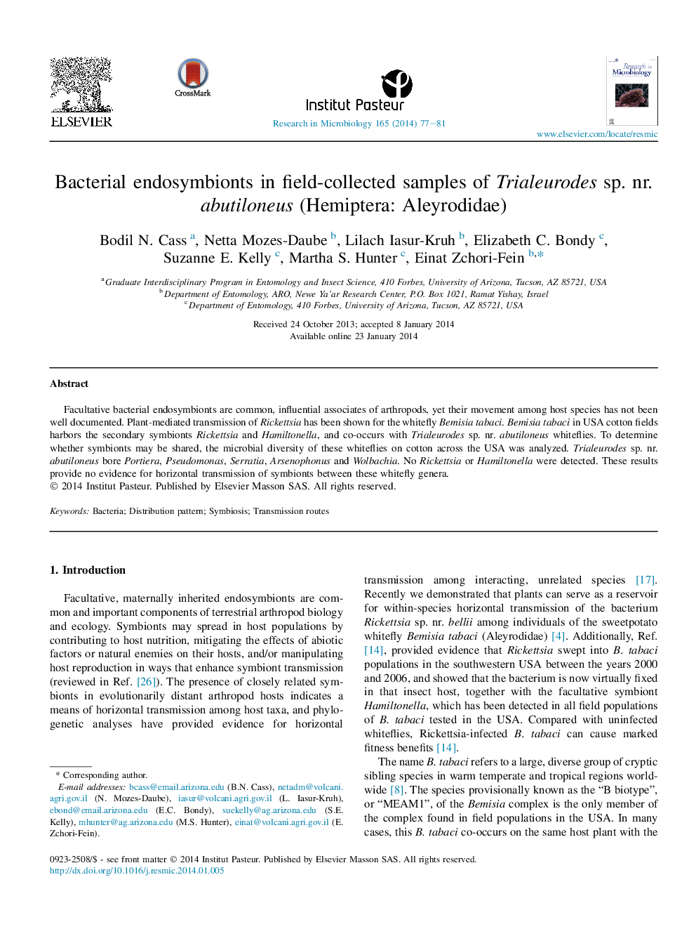 Bacterial endosymbionts in field-collected samples of Trialeurodes sp. nr. abutiloneus (Hemiptera: Aleyrodidae)